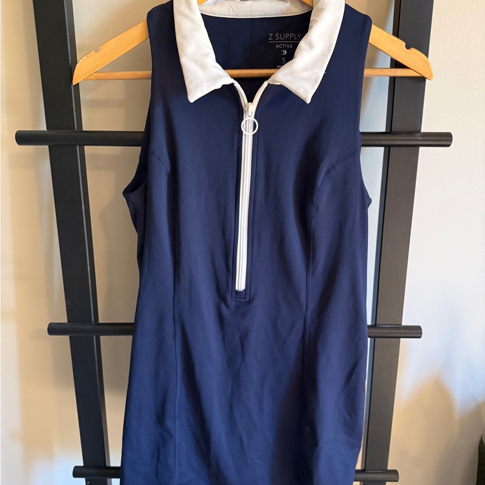 Z Supply Navy and White Sleeveless Zip Polo Dress